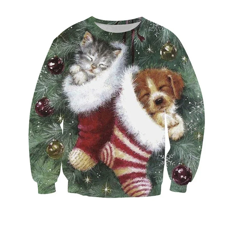 Suéter de gato estampado em 3D para homens e mulheres, suéteres feios de Natal, tops, pulôver de festa, moletom com capuz, 3XL, 2023