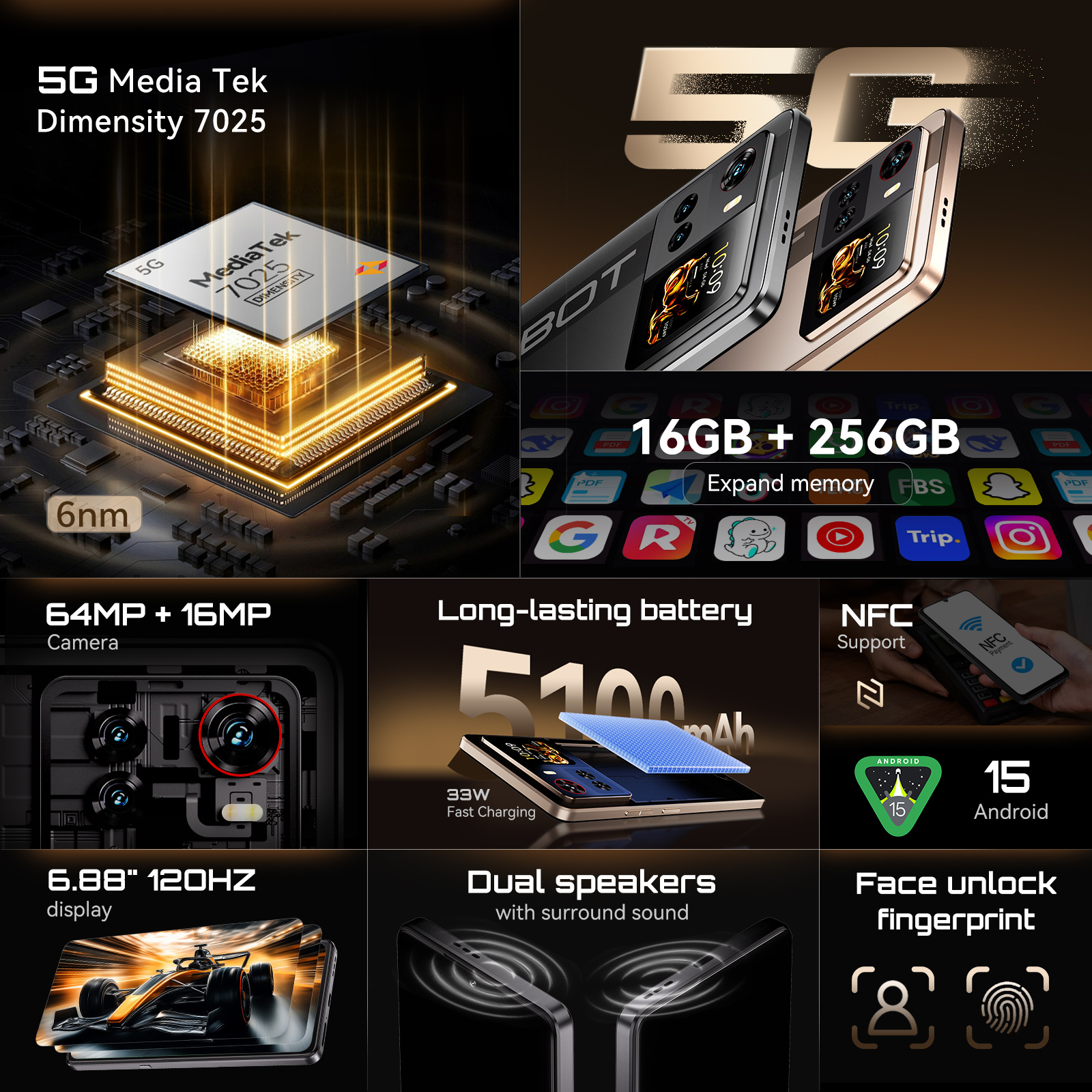 Smartphone 5G Cubot X100, Android 15, Dimensity 7025, 6nm, 2.5GHz,6.88-inch Screen,16GB(8+8),256GB, 64MP Camera, 5100mAh Battery