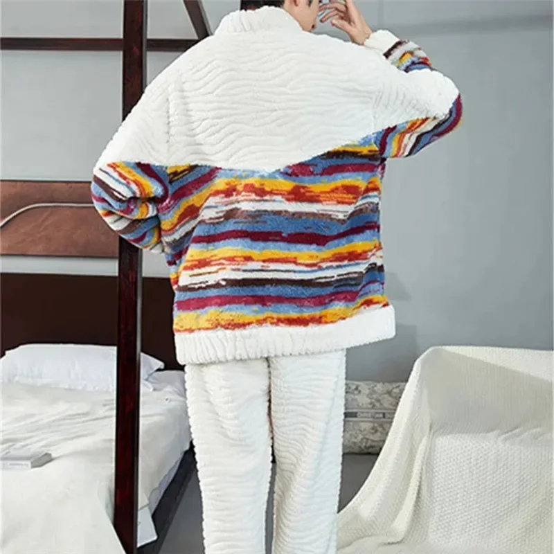 Conjunto de pijamas de lana color Coral cálido de invierno para hombre, abrigo esponjoso + Pantalones largos, ropa de dormir masculina para dormir, ropa de descanso para el hogar de 2 piezas