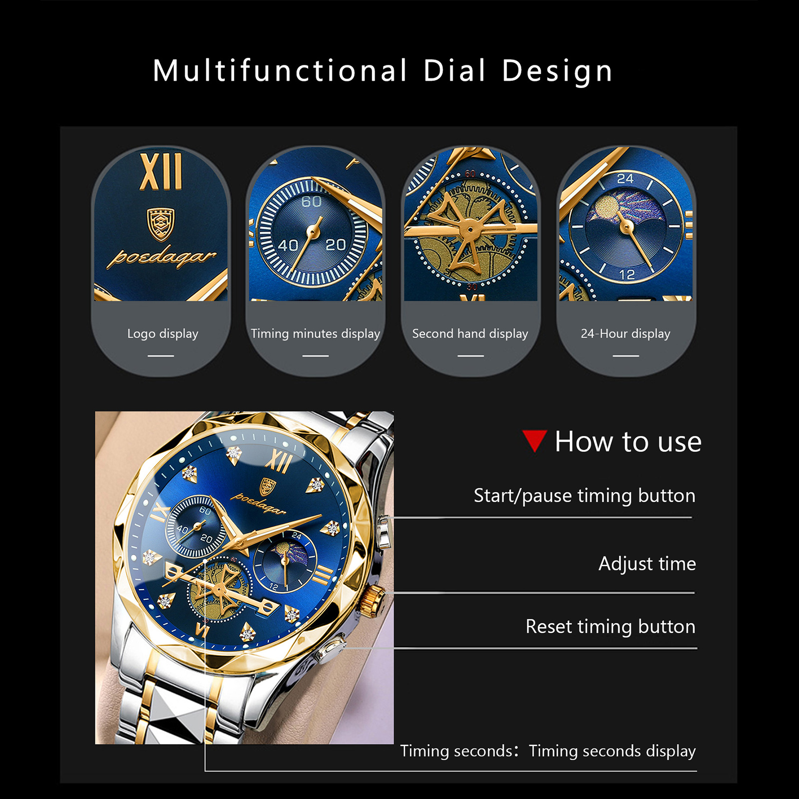 Reloj de pulsera POEDAGAR de lujo a la moda para hombre, relojes de cuarzo de acero inoxidable para hombre, cronógrafo luminoso resistente al agua, reloj deportivo para hombre