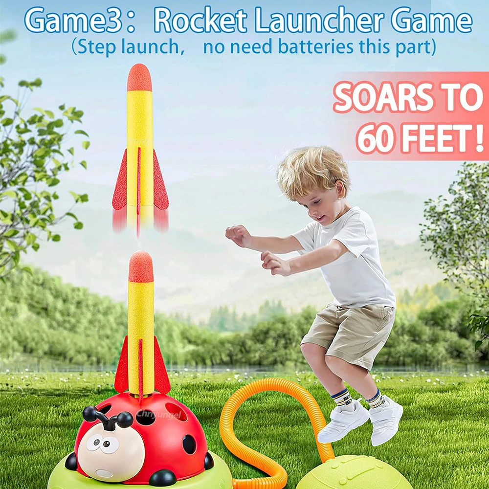 Salto musical brinquedos esportivos jogar anel jogo brinquedo e lançador de foguetes para crianças joaninha multifuncional ao ar livre máquina presentes