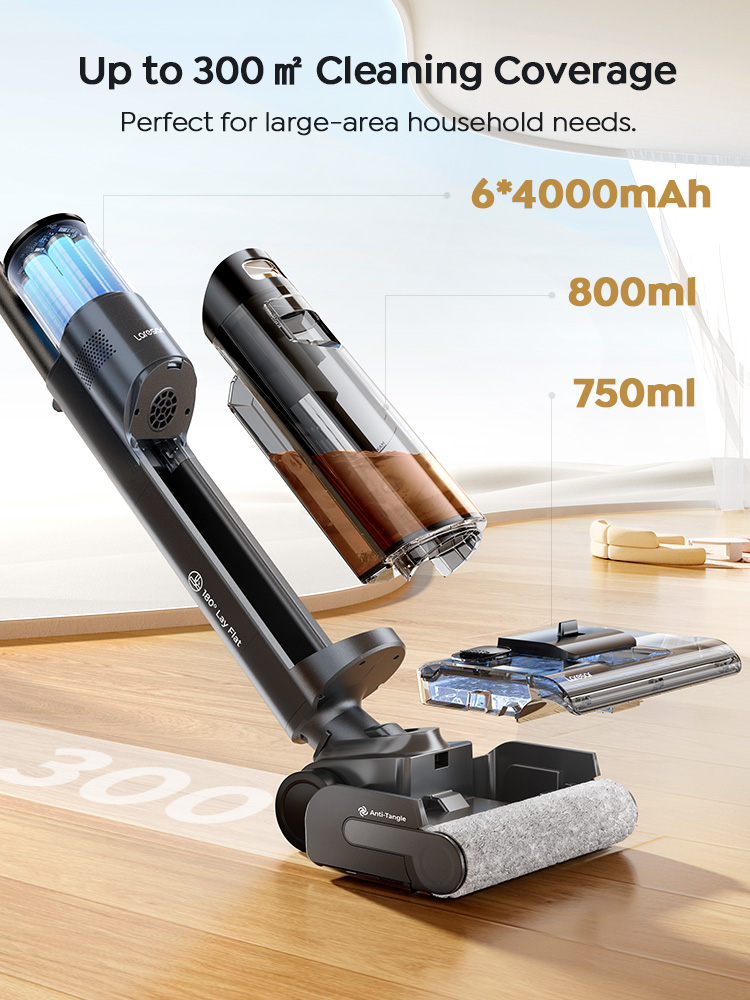 Laresar S7 Pro Aspirador Sem Fio Molhado e Seco, Mopa, Limpeza Lay-Flat, Secagem Rápida 5 Min, Auto-Limpeza 80°C, Sucção 19000 Pa, Anti-Emaranhamento, 50 Min de Autonomia, Lavadora de Piso para Casa