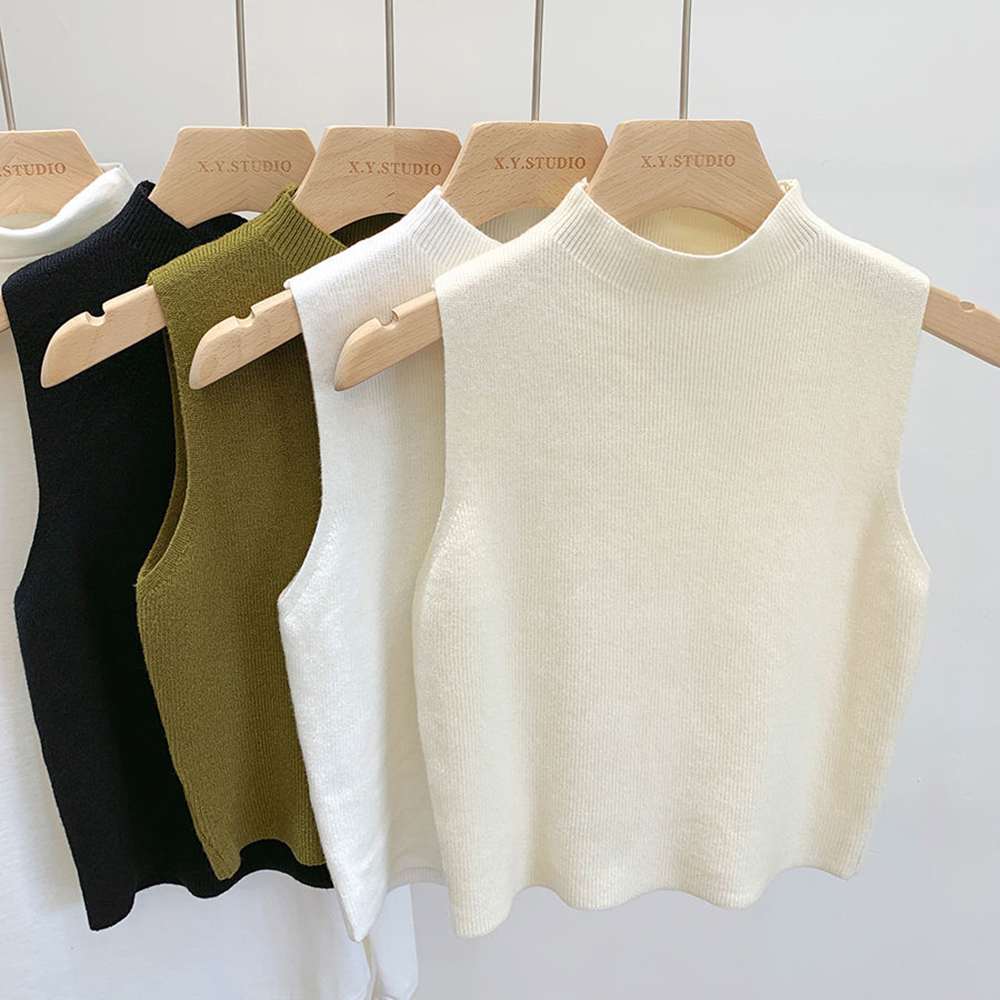 Women's Vest Tank Top Solid Color Knitted Tees T-Shirt Top Cropped Top Camisole Sweater Half-turtleneck Spring Autumn Sleeveless