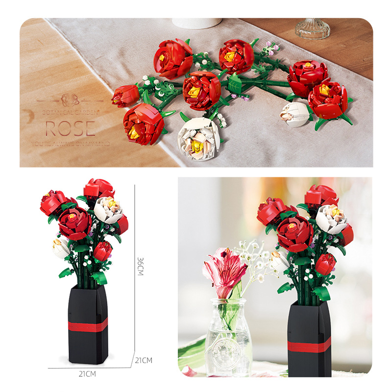 Creative Red Rose แจกันพืชชุดบล็อกอาคาร Moc โรแมนติกคลาสสิกดอกไม้ช่อดอกไม้ Potted อิฐของเล่นของขวัญวันวาเลนไทน์