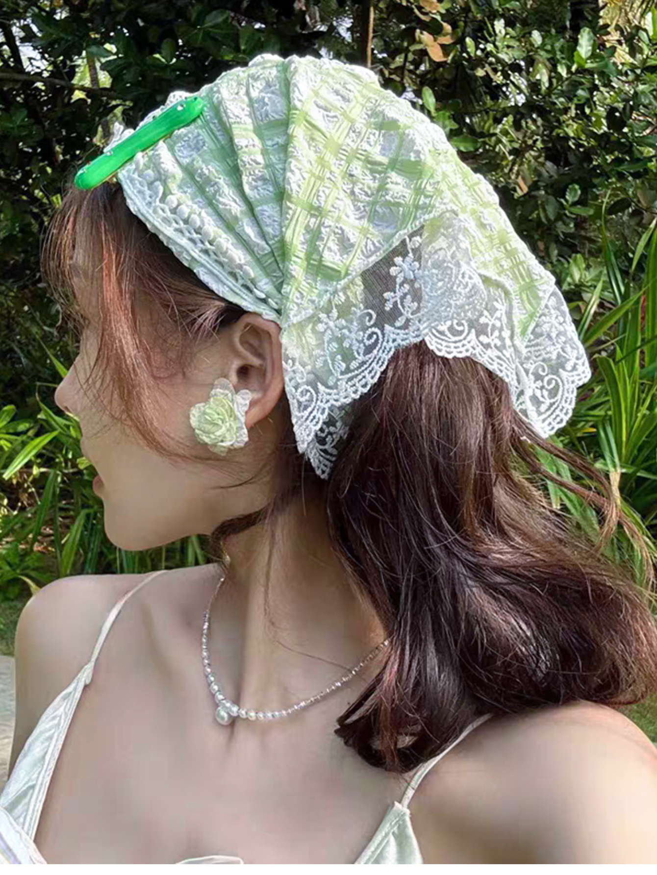 1 pçs 1950s retro lenço de renda triângulo pescoço cachecol bordado renda envoltório de cabelo, floral crochê bandanas de cabelo para mulheres meninas