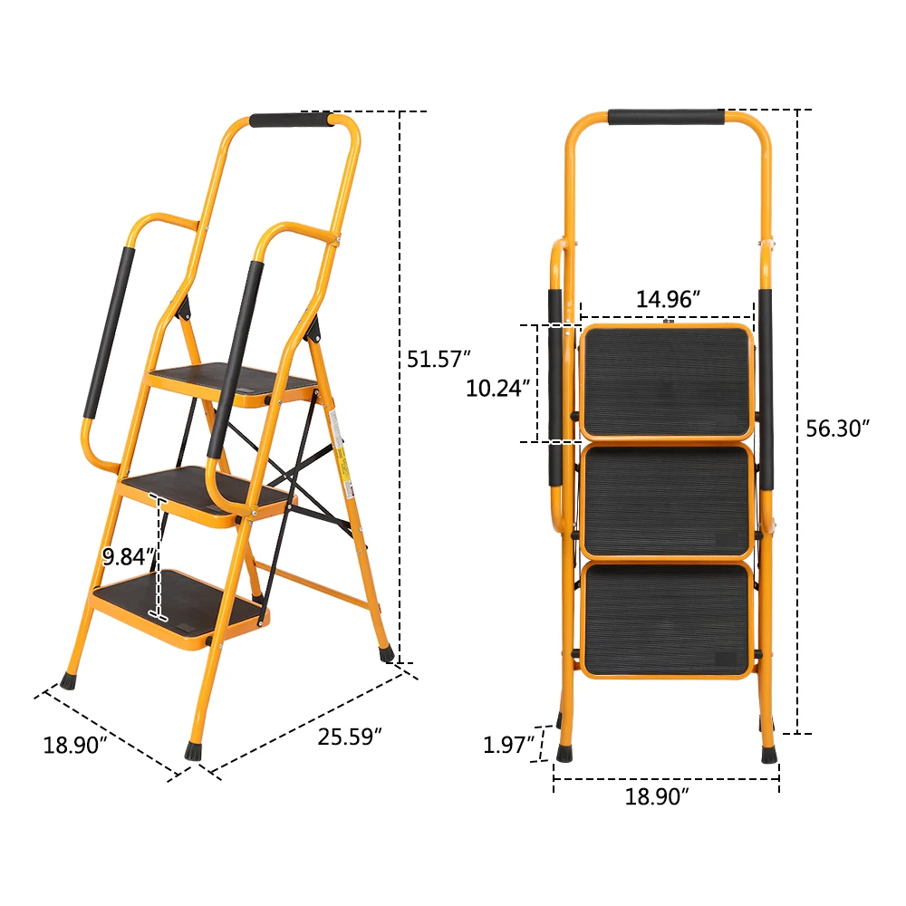 3 Step Ladder with Handrails, 330lbs Folding Step Stool, w/Non-Slip Side Armrests Large Pedal Area, Suitable for Home Office