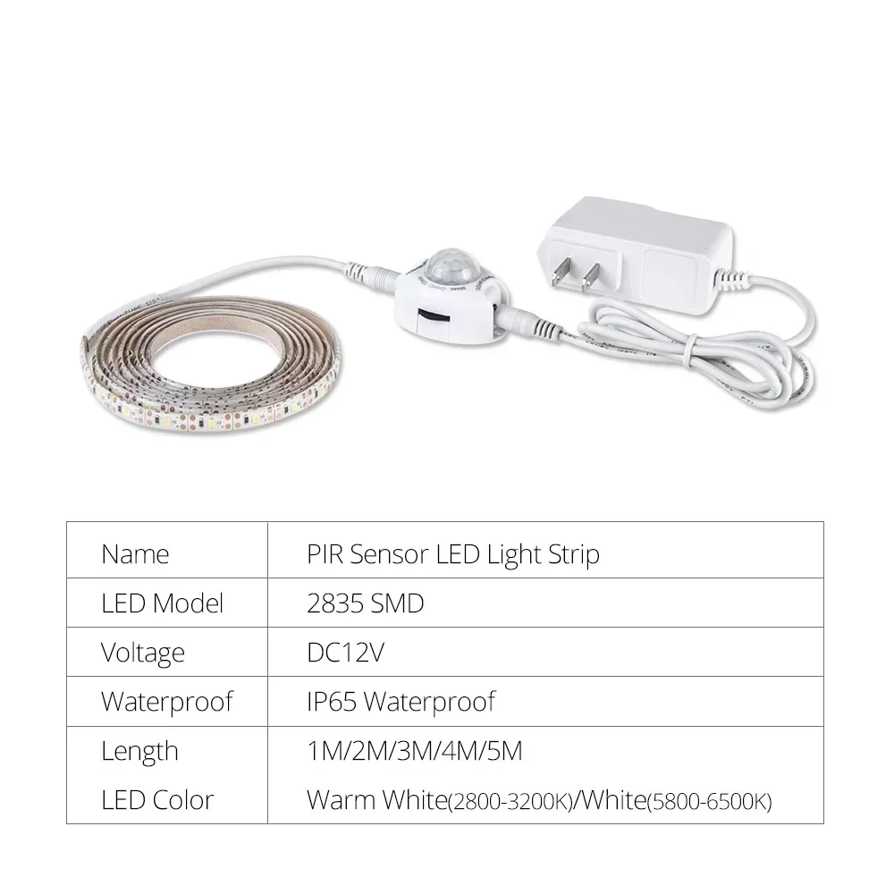 DC12V LED Sensor Light Strip with US EU Power Adapter Dark Sensor Cabinet Light Strip Kitchen Light Bedside Night Lights
