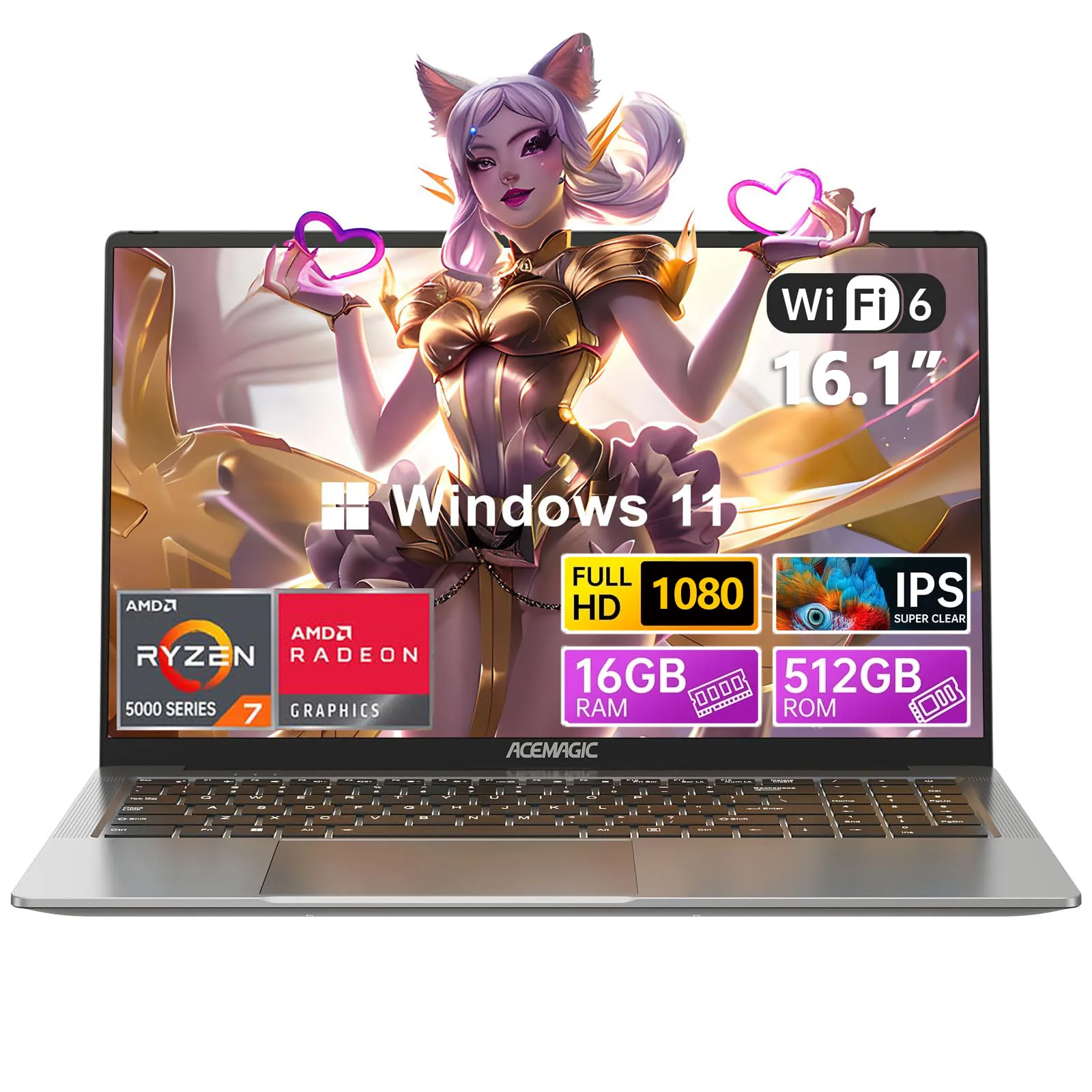 Notebook da gioco ACEMAGIC AMD Ryzen 7 5700U (Beat i7-1265U) Tastiera retroilluminata, RAM 16 GB NVME SSD 512 GB 16,1" Full HD 1920x1080