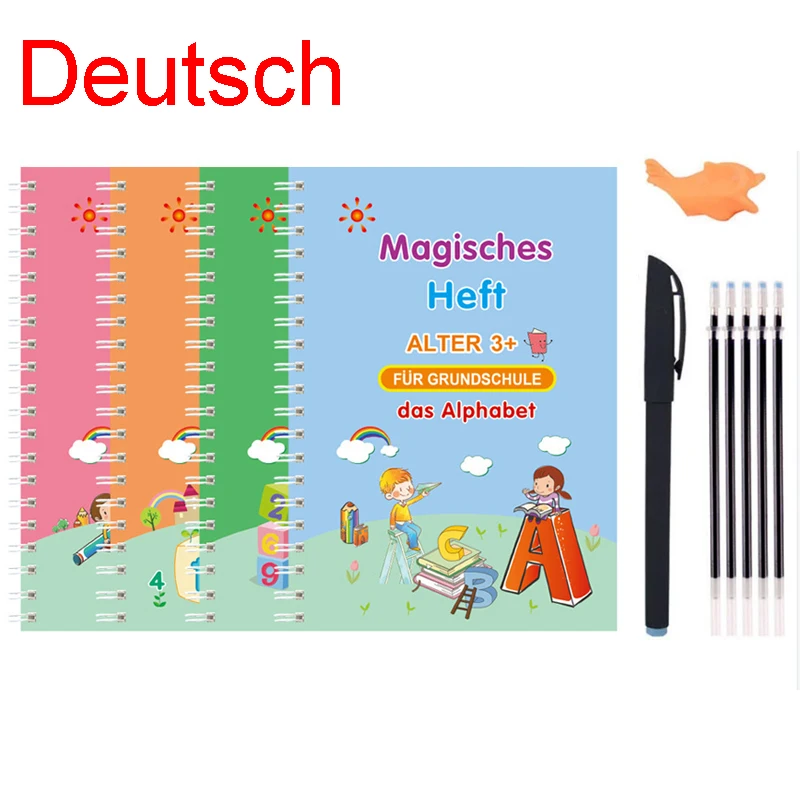 Cuaderno mágico alemán de limpieza gratis, bolígrafo para preescolar, caligrafía para niños, libro de práctica de escritura Deutsch reutilizable para niños de 3 a 8 años
