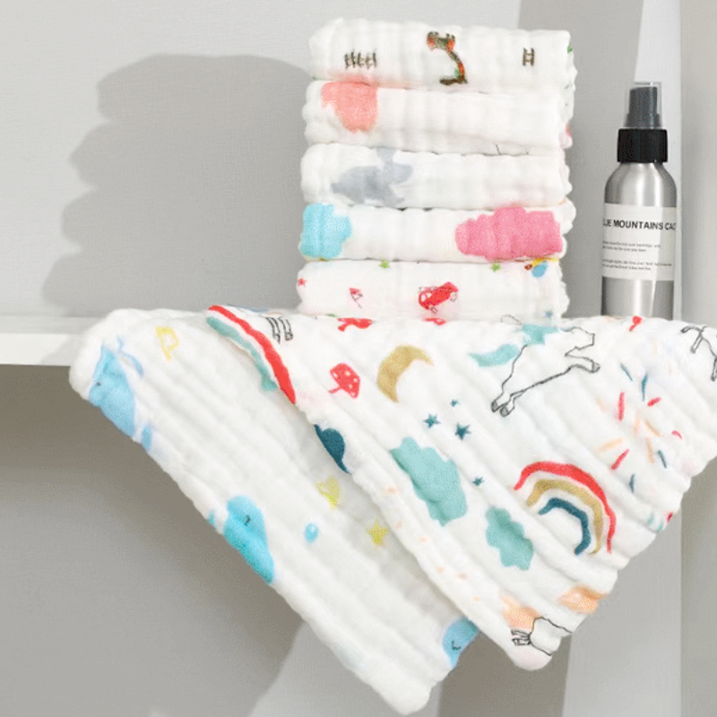 Toalla cuadrada estampada lavada de algodón puro de seis capas para niños, 5 uds., 30cm * 30cm