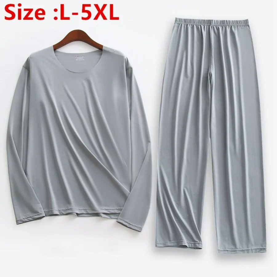 Plus size 5xl conjunto de pijama de seda gelo masculino sólido manga longa topos e calças pijamas 2 pçs conjuntos macio e confortável lounge casa pijamas masculino