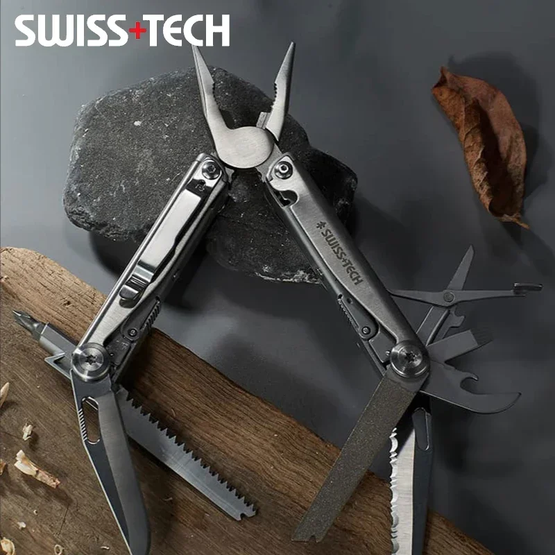 SWISS TECH-Alicates multiherramienta 18 en 1, herramienta combinada multifuncional plegable, cuchillo de bolsillo, equipo portátil EDC para exteriores