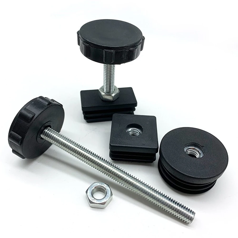 4Pcs ปรับเท้าแผ่น M8 Nut ท่อปลั๊กสีดำรูปสี่เหลี่ยมผืนผ้าหลอดเฟอร์นิเจอร์ Leveling ฟุต Levelers สำหรับตารางขาเก้าอี้