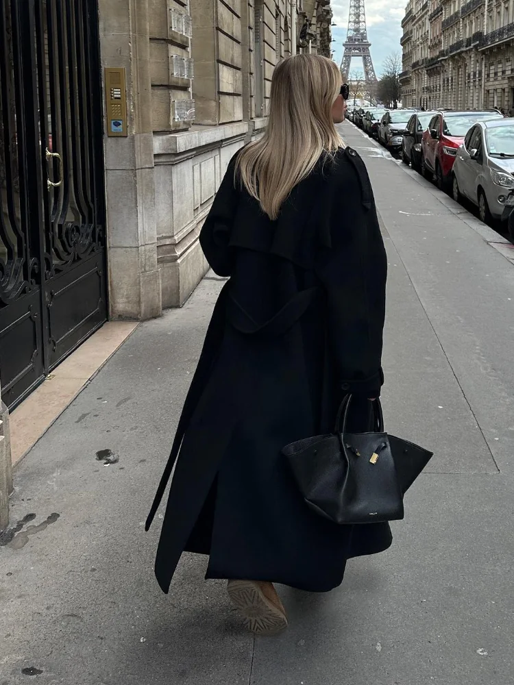 Abrigo largo de lana con cinturón para mujer, abrigo holgado de gran tamaño con solapa de doble botón, ropa de calle alta para otoño