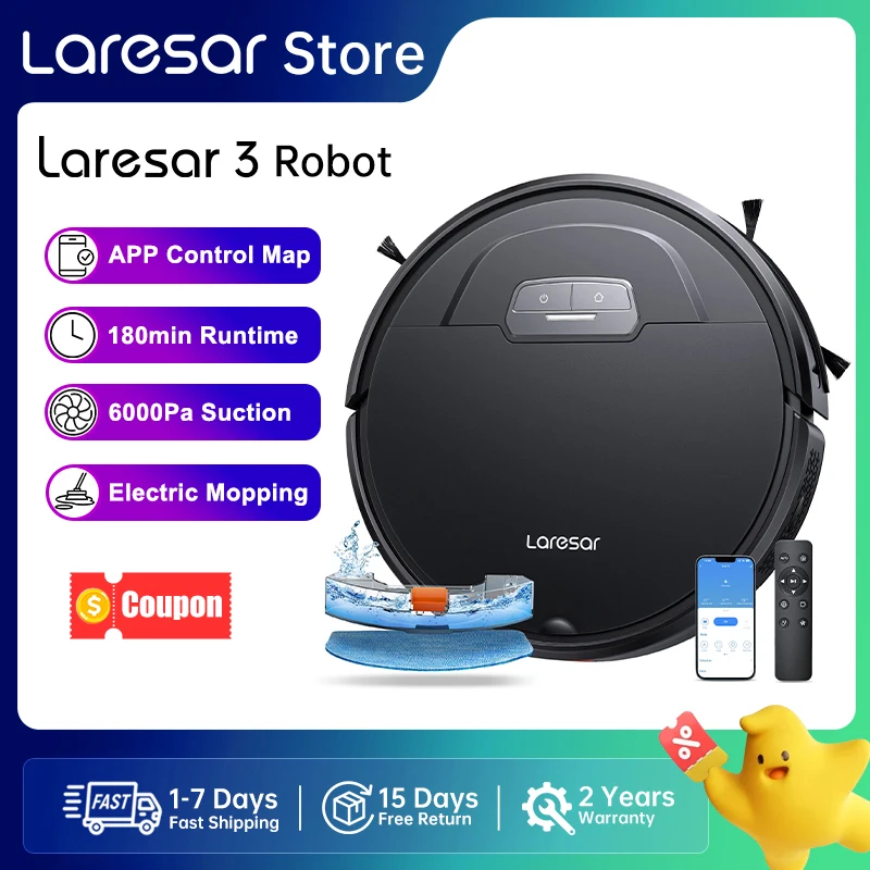 Laresar 3 Roboter-Staubsauger, Mopp, 6000 Pa, kabellos, intelligente APP-Steuerung, geplantes Mapping, Heim-Bodenwaschen, Teppich, Tierhaarreinigung