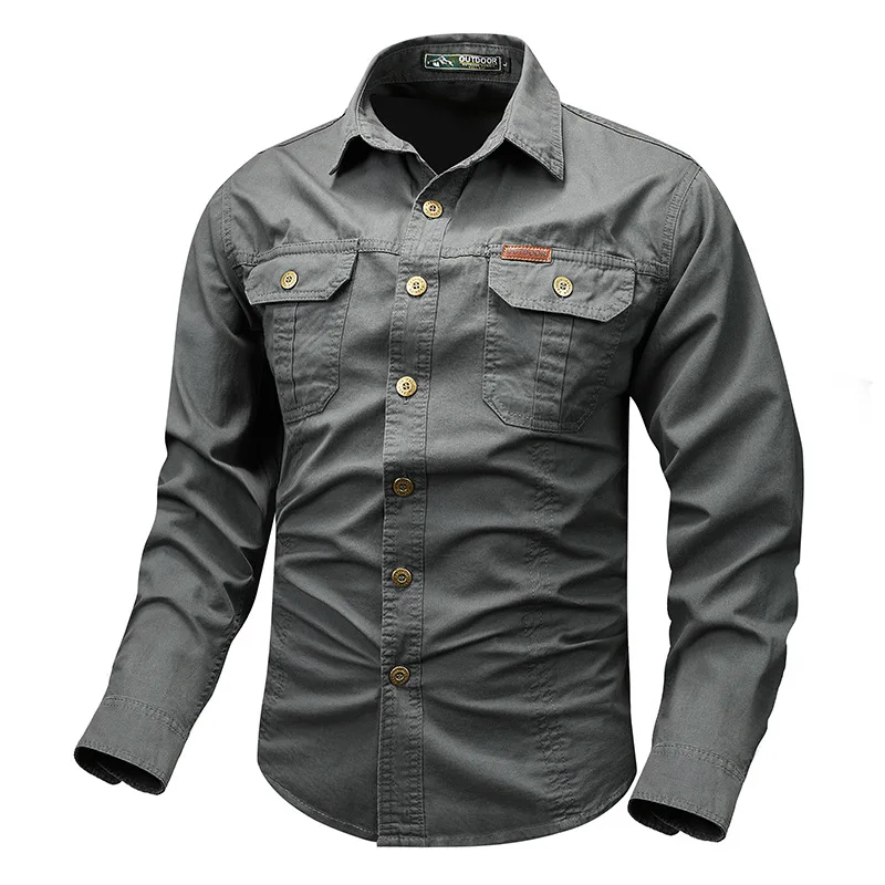 Camicia a maniche lunghe da uomo stile Cargo retrò con Design tascabile, camicia abbottonata casual da uomo per l'autunno primaverile Qutdoo