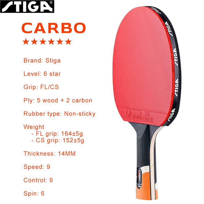STIGA CARBO 6 ดาวตารางไม้เทนนิส 5 + 2 คาร์บอน Ping Pong Paddle สําหรับขั้นสูง Fast Attack ทั้งสองด้านไม่เหนียวเหนอะหนะยาง