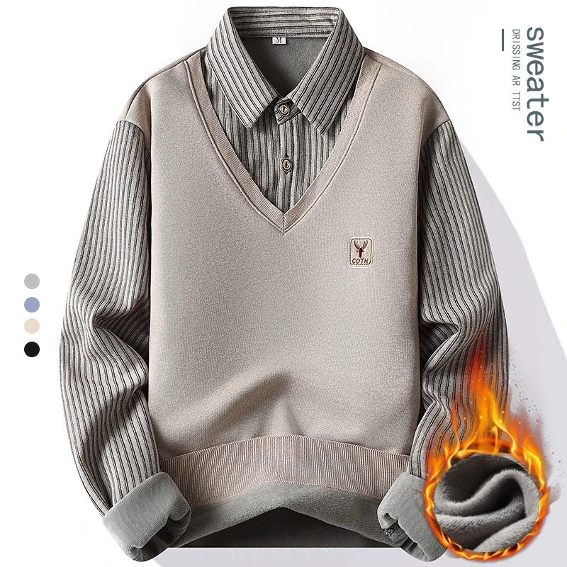 Männlich Fleece Poloshirt Herren Pullover Herbst Winter T-Shirt Kragen Pullover Kalte Bluse Marineblau Khaki Koreanische Kleidung