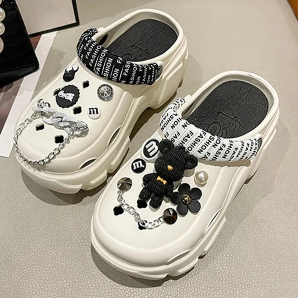 Bling ไข่มุกเพชรน่ารักหมีตกแต่ง Vented Clogs สไลด์ 7 ซม.แพลตฟอร์มรองเท้าแตะชายหาดกลางแจ้งสาวฤดูร้อนรองเท้าแตะผู้หญิงรองเท้า