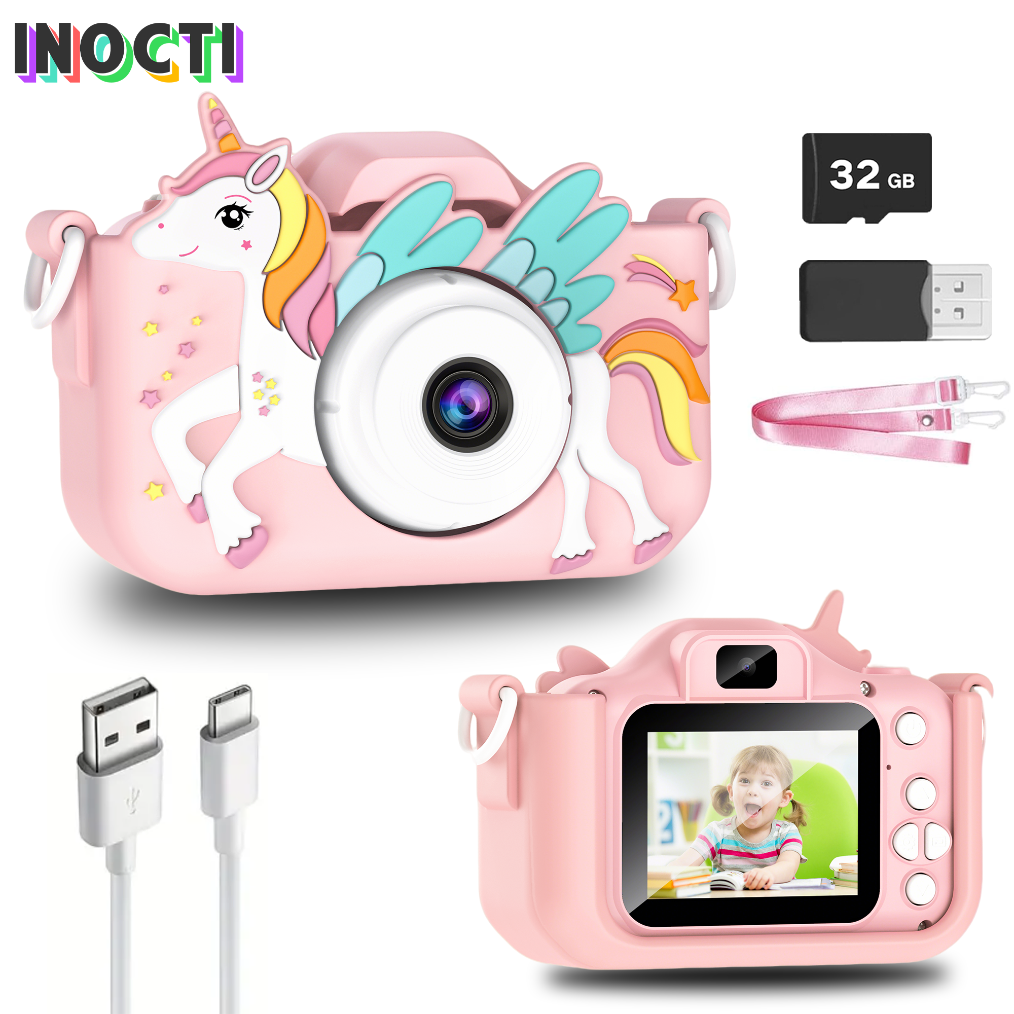 Câmera digital infantil de 2,0 polegadas, recarregável, desenho animado, brinquedo, 48MP, 1080P, HD, mini câmera selfie, presente para meninos e meninas