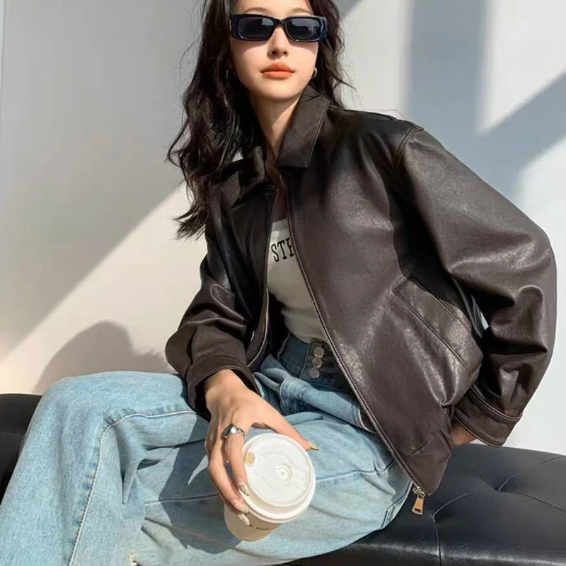 Vrouwen lederen kleding 2025, echte schapenvacht, vierkante kraag, elastische taille, bomberjacks, vrouwelijk bruin zwart, veste streetwear