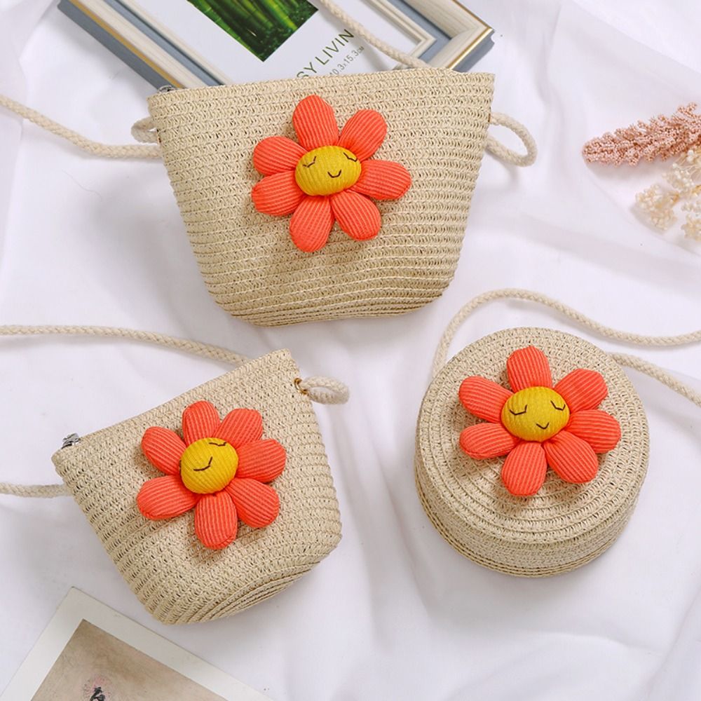 Blumen mädchen Strohs ack Sommer Reiß verschluss handgemachte gewebte Kind Strand taschen Foto Requisiten Münz geldbörse Aufbewahrung skorb