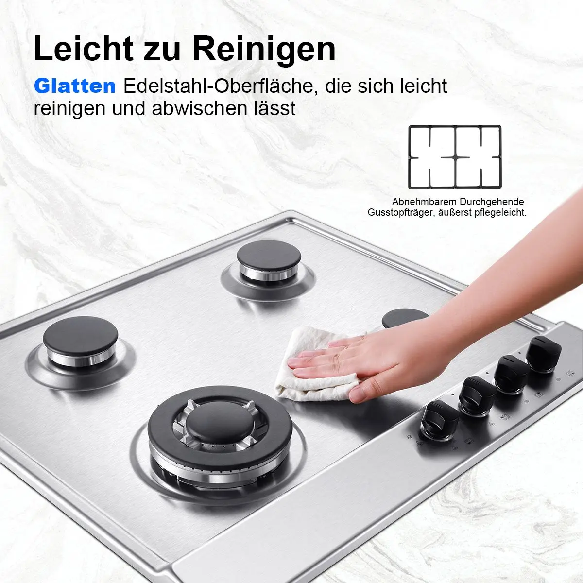 Edelstahl-Gaskochfeld, 4 Brenner mit automatischem Flammschutz, 8060 W, Doppelkraftstoff (Erdgas/Propan), eingebaut oder freistehend