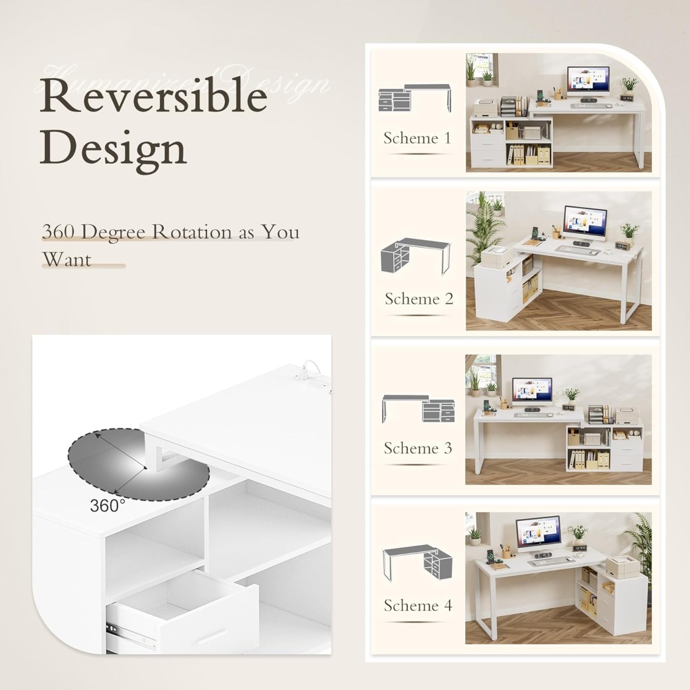 L Shaped Desk with Drawers&Shelves, 55'' Corner Computer Desk with Power Outlets, Reversible PC Table with Storage File Cabinet