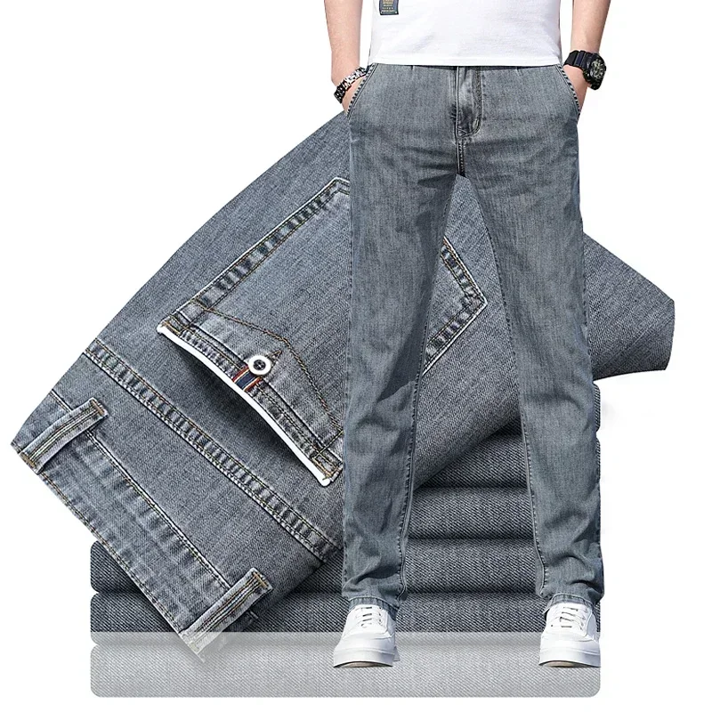 Dünne Herren Baggy Soft Casual Jeans Grau Sommer Mode Vielseitig Bequem Stretch Gerade Casual Jeans Hellblau Männlich