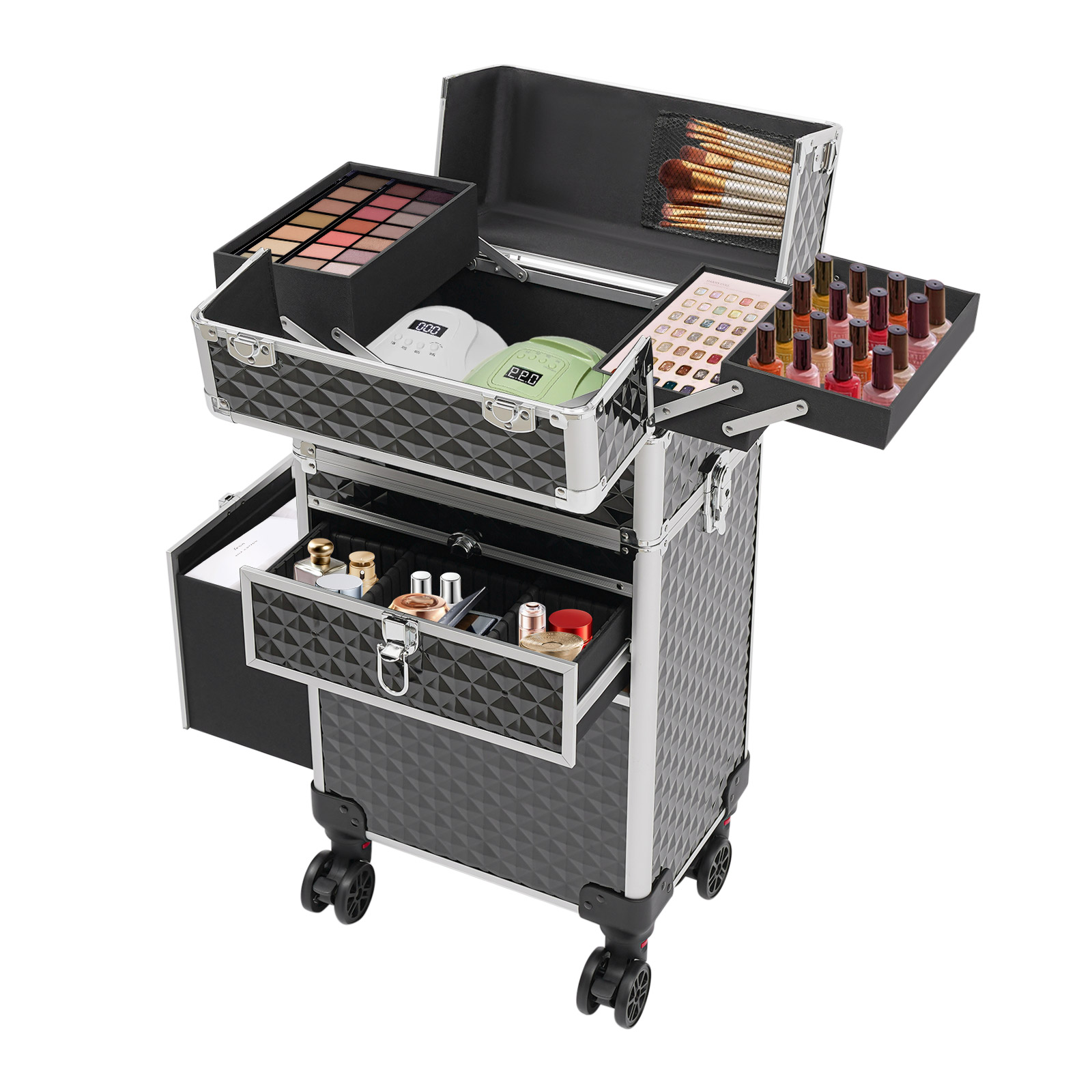 Rolling Makeup Case Professional Rolling Makeup Train Case Makeup Organizer with Shoulder Strap Large Storage Cosmetic Trolley
