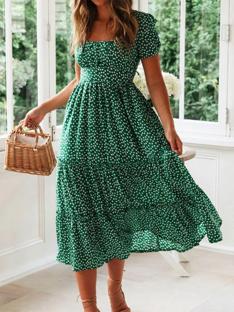 Vestidos vintage estampa vintage manga bufante verão praia vestidos doces casual gola quadrada floral maxi vestido longo festa