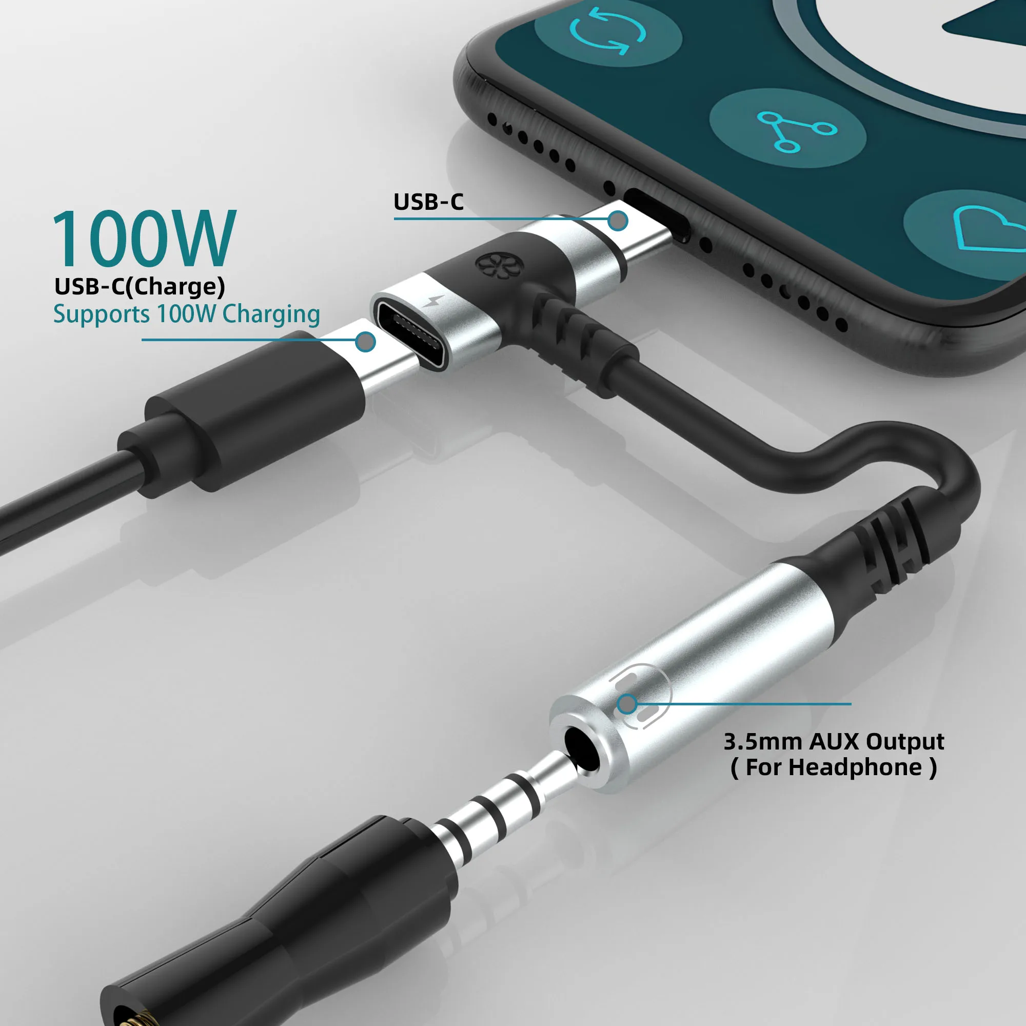 Adattatore per auricolari e caricabatterie da USB C a 3,5 mm Jack per microfono da tipo C a Aux 2 in 1, con dongle di crittografia a ricarica rapida PD 100 W.