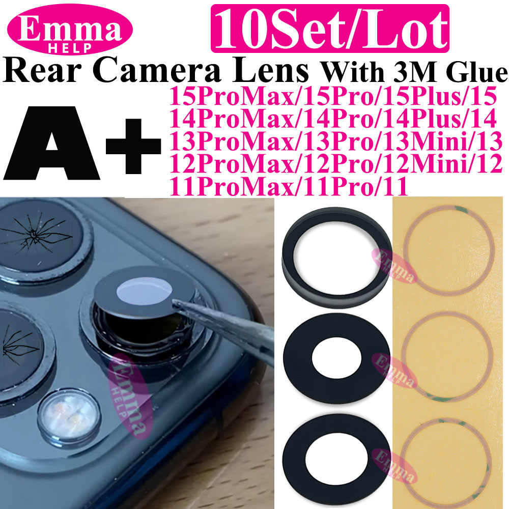 Emmahelp-Cristal de cámara trasera A + para iPhone 11, 12, 13, 14, 15 Pro Max, 13Mini, XR, XS, 14Plus, lente de cubierta de cámara trasera con pegatina de 3M, 10 Uds.