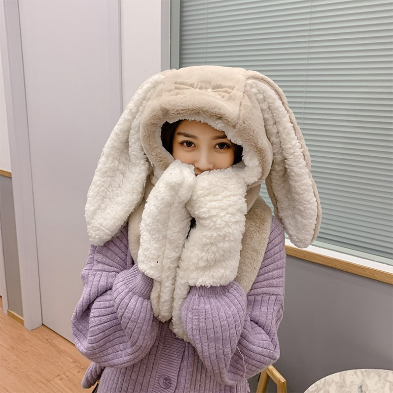 Neue Mode Schal Hut Handschuh Frauen Nette Große Ohr Bunny Beanie Winter Warme Weiche Verdickung Tasche Warme Ohr Hüte Mit Kapuze 3 in 1