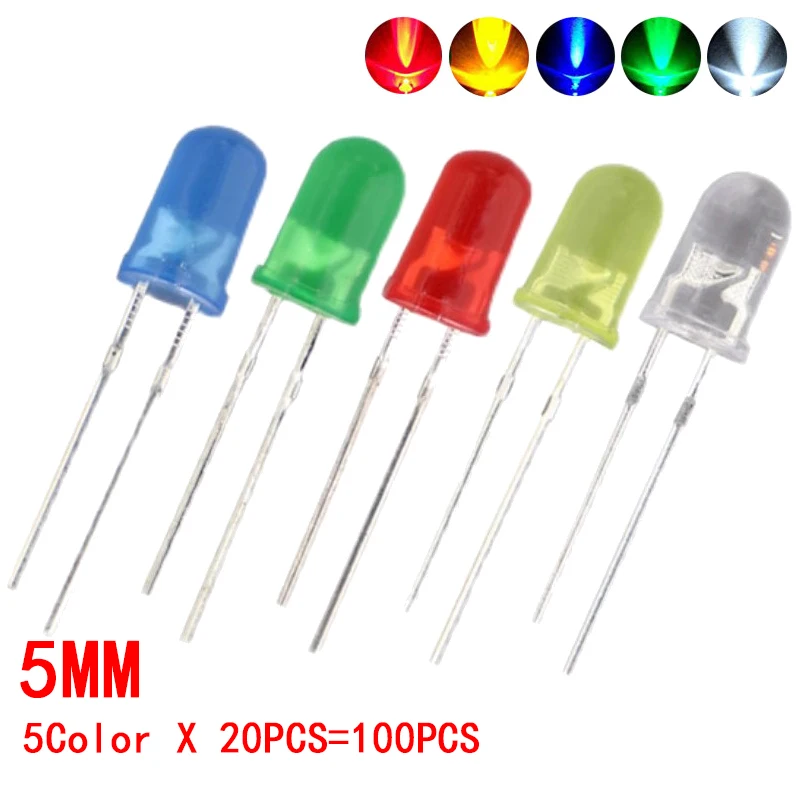 100 pièces 3mm 5mm lumière LED blanc jaune rouge vert bleu Kit assorti bricolage LED ensemble kit de bricolage électronique