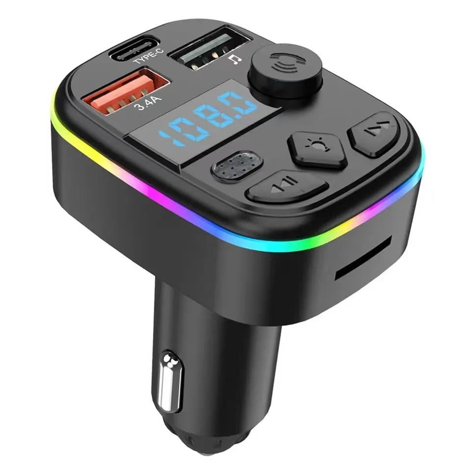 Carregador de carro transmissor fm suporte cartão tf u disco carro mp3 player duplo usb tipo c carregamento do telefone celular mãos livres kit carro sem fio