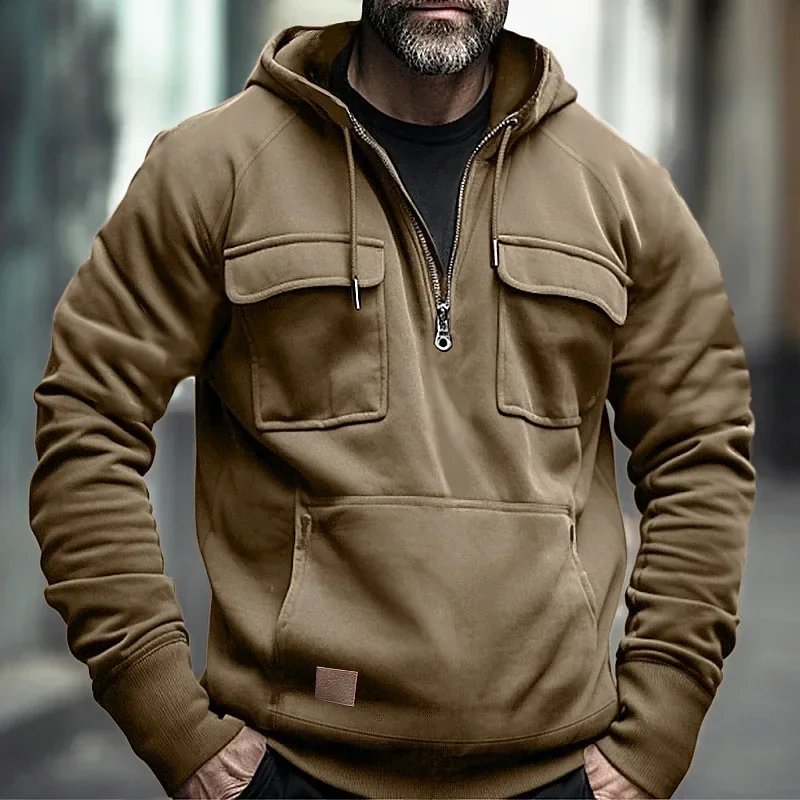 Sudaderas con capucha tácticas de media cremallera para hombre, sudaderas militares de lana sólida y cálida, chaquetas con capucha con múltiples bolsillos para hombre, Polar grueso para exteriores