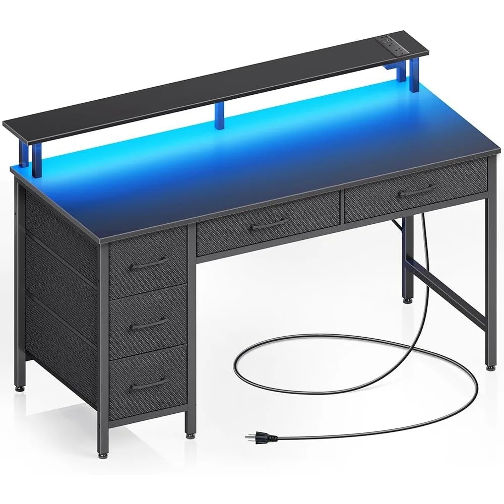 Computer Desk with Power Outlets & LED Light, 39 inch Home Office Desk with 5 Drawers, Writing Desk with Monitor Stan