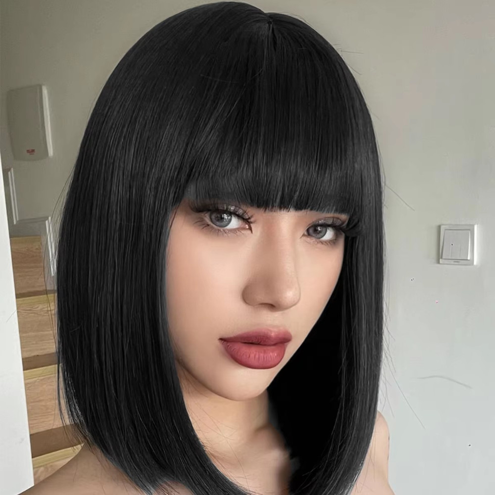 Peluca sintética de cabeza Bobo de longitud corta para mujer, flequillo fresco a la moda, cubierta completa para la cabeza, pelo Artificial negro