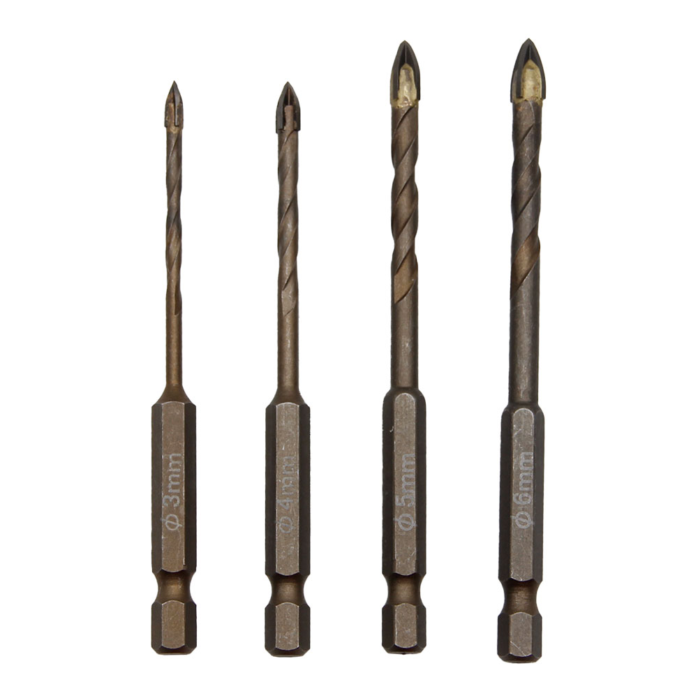 Broca de vidrio cruzada con mango Hexagonal, taladro para azulejos de cerámica, taladro de pared de cerámica en espiral amarilla, herramienta de diamante Overlord, 4 Uds.