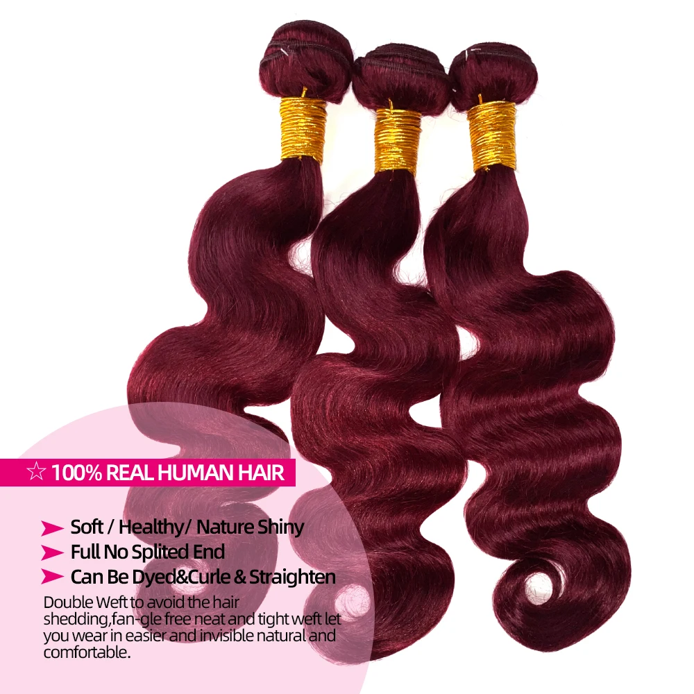 2/3/4 pacotes com destaque frontal da onda corporal Borgonha # 99J cabelo humano 13x4 frente do laço com 3 pacotes de cabelo brasileiro para mulheres