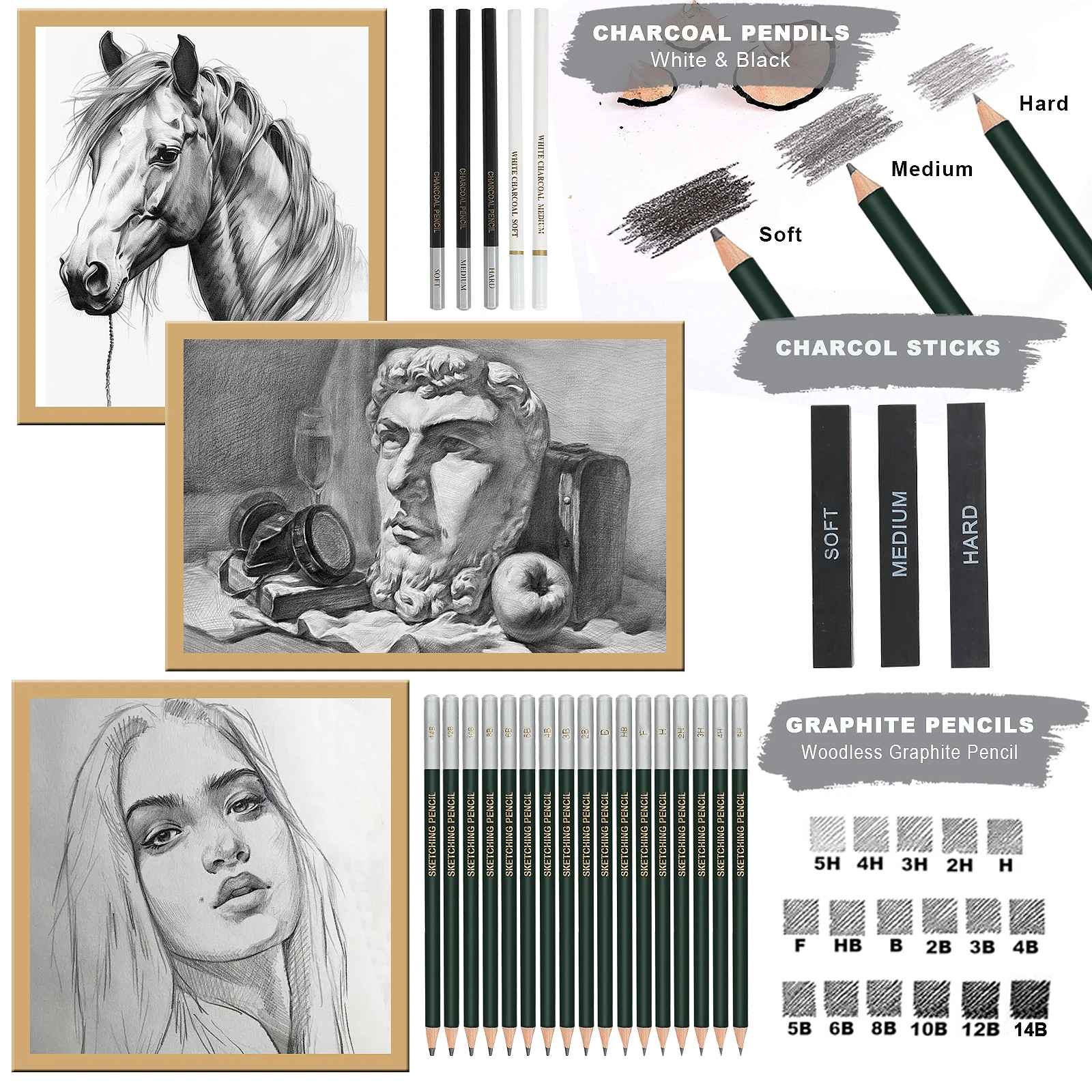 20/54/58/70/144 Kit de dibujo y bocetos |   Estuche de viaje portátil |   Grafito, Carbón, Color Blanco |   Con tocones de mezcla
