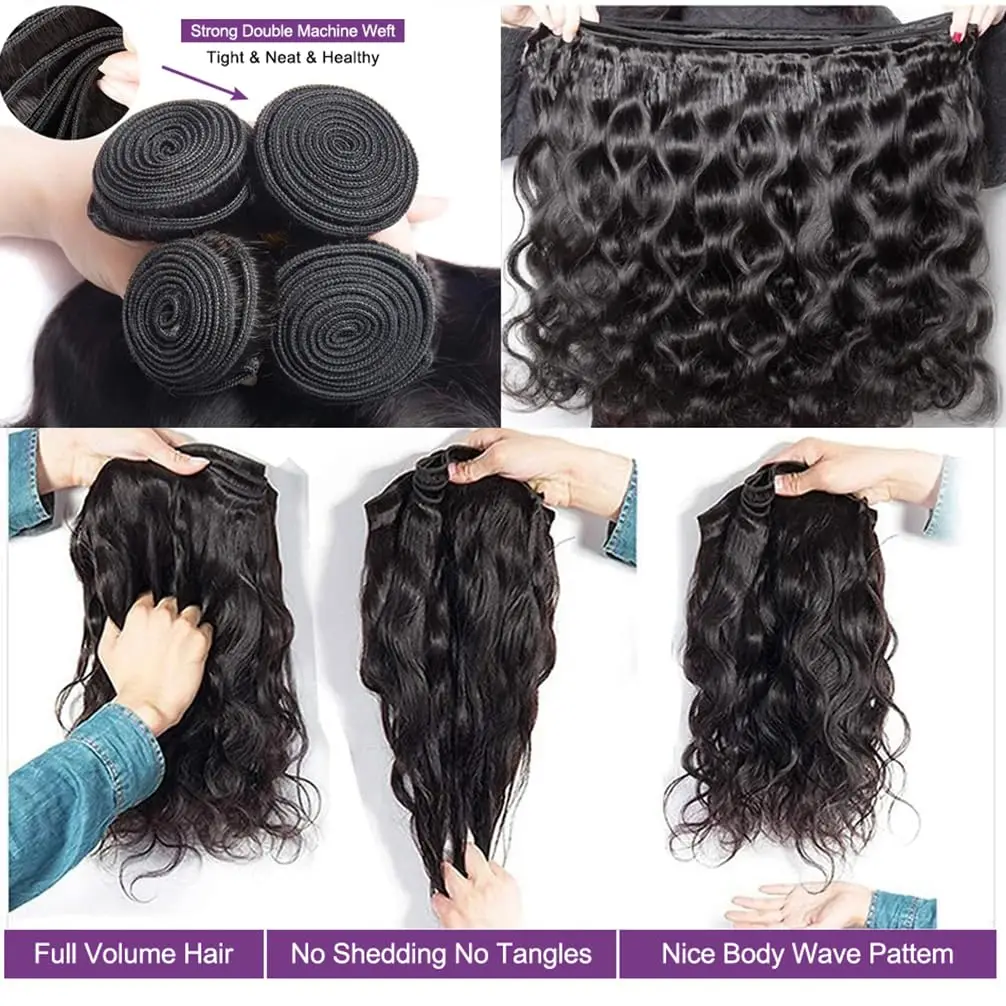 Pacotes de cabelo humano com fechamento onda do corpo brasileiro virgem tecer cabelo humano 3 pacotes com fechamento de renda 4x4 cor preta natural