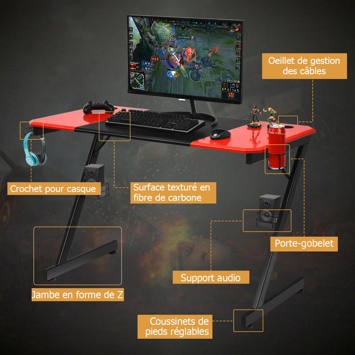 Bureau Gaming Surface en Fibre de Carbone 120 X 60 X 76CM avec Porte-gobelet, Crochet pour Ecouteurs et Supports Audio Noir et Rouge