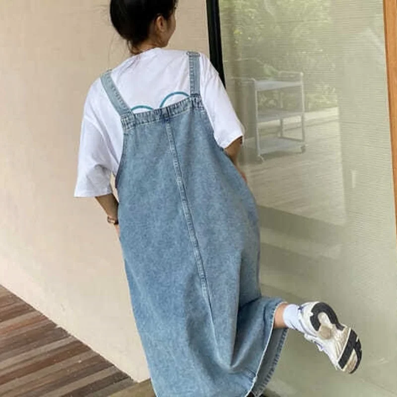 Frühling Sommer Denim Insgesamt Kleid Frauen Ärmellose Jeans Kleider Mode Weibliche Feste Slip Beiläufige Lose Spaghetti Strap Kleider