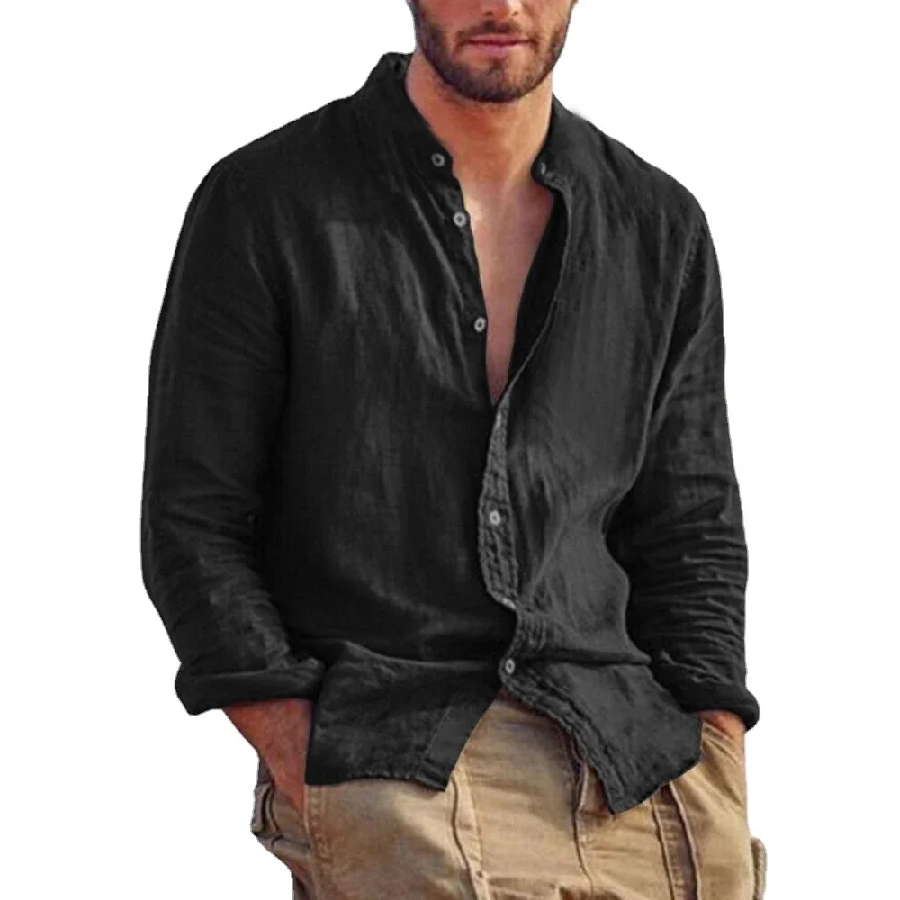 Camicia a maniche lunghe in tinta unita da uomo nuova Camicie in cotone di lino Tendenza Taglie forti Colletto alla coreana Top da spiaggia leggeri casual
