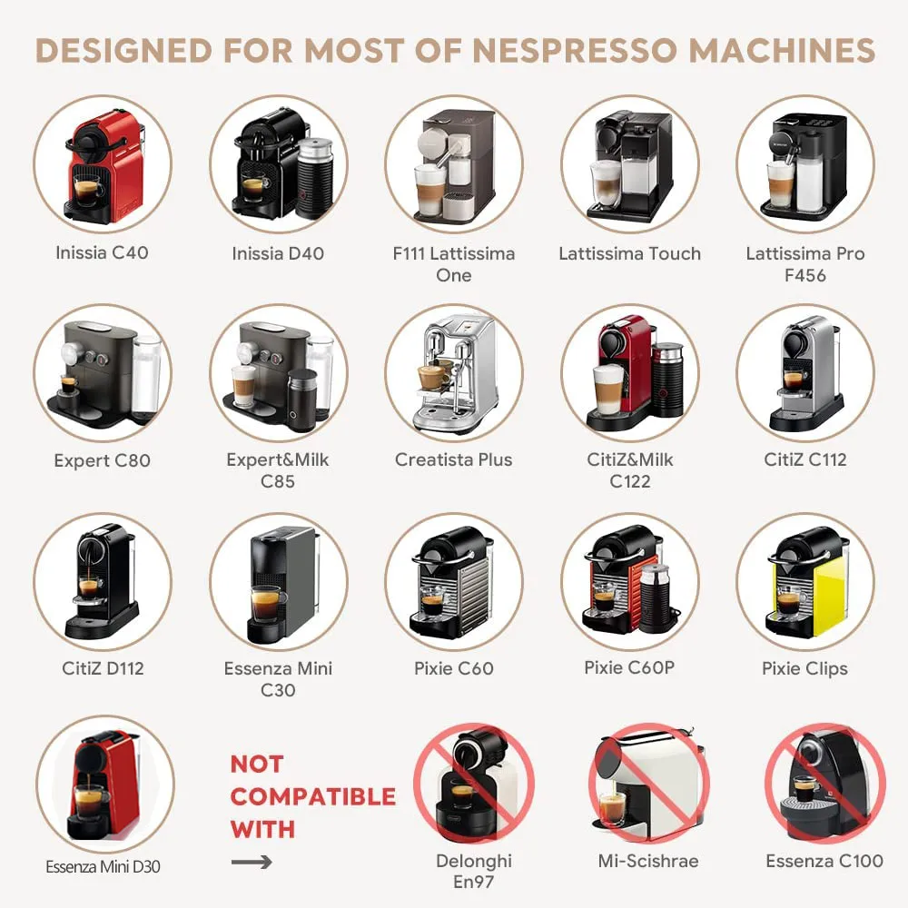 Wiederverwendbare Kaffeekapsel für Nespresso Espresso Crema Cups, nachfüllbare Kaffeepads aus Edelstahl, Filter mit Tamper-Dosierring