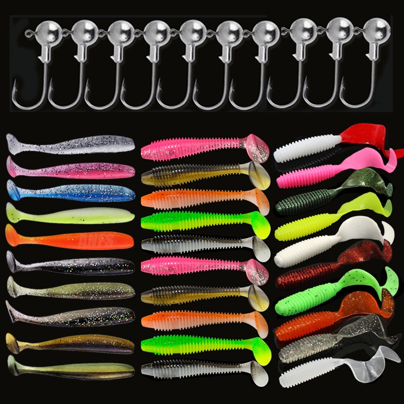 10pcs/30pcs Kit de iscas de pesca macias Conjunto de isca de silicone Verme de isca artificial com gancho de cabeça de gabarito de manivela