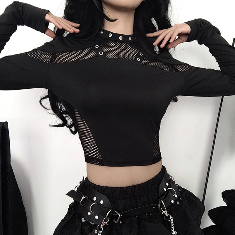 CIBBAR Gothic Black Crop Top Chic ดูผ่านตาข่าย Patchwork แขนยาว Skinny Basic เสื้อยืดผู้หญิง Punk สไตล์เย็บเสื้อ T
