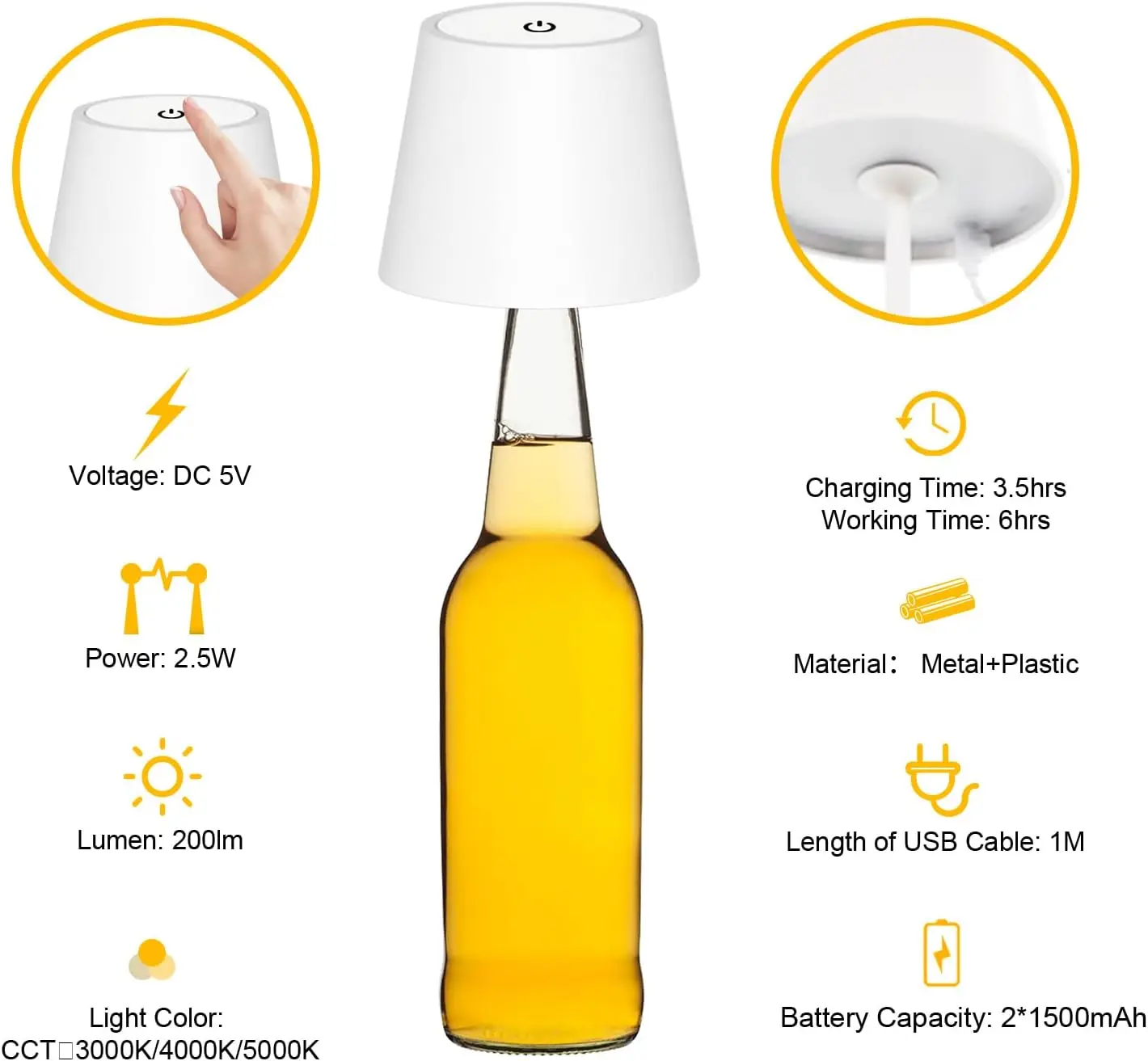 Lampada da tavolo a LED Wireless ricaricabile, Dimmer Touch 3000K/4000K/5000K, lampada da tavolo portatile, per interni/esterni, ristorante/camera da letto